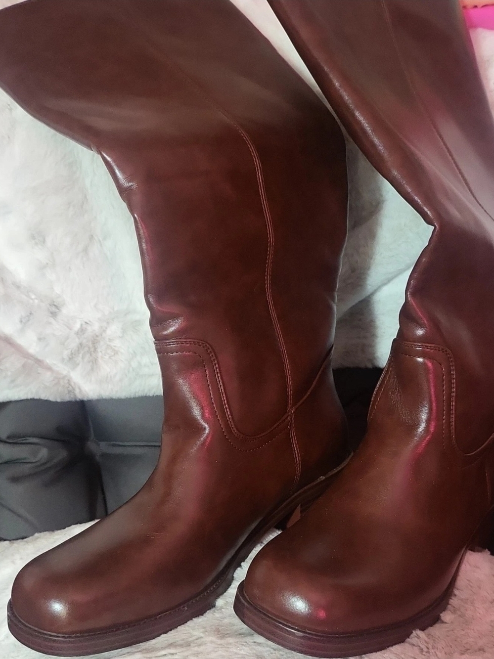 NEW Women's Brown Knee High Riding Boots Pull On Round Toe Faux Leather Size 8